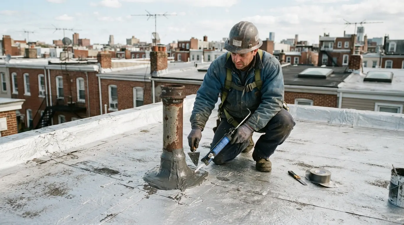 Fresh sealant applied around a pipe on a coated flat roof