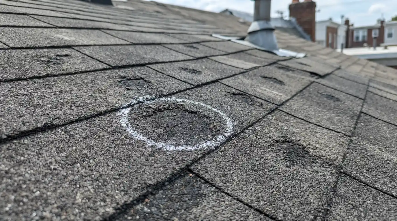 Hail bruises on asphalt shingles marked with chalk