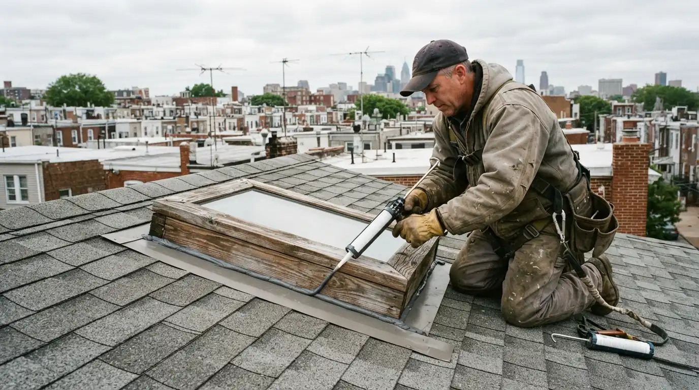 Roofer sealing a wooden skylight curb on a shingle roof