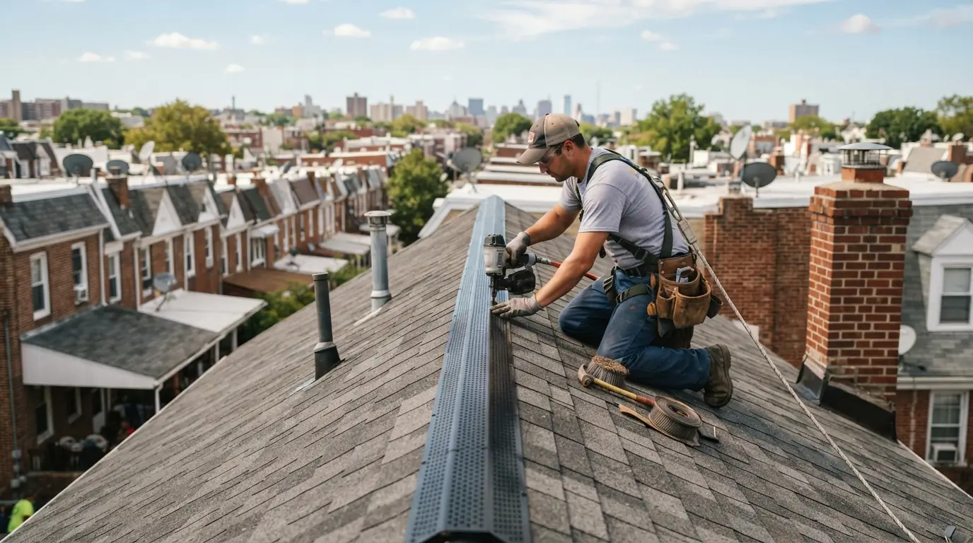 Shingle-over ridge vent being installed along a roof peak