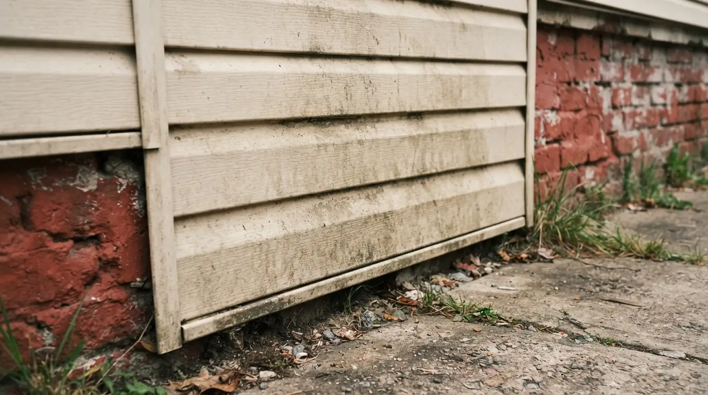 Cracked vinyl siding panel near the ground
