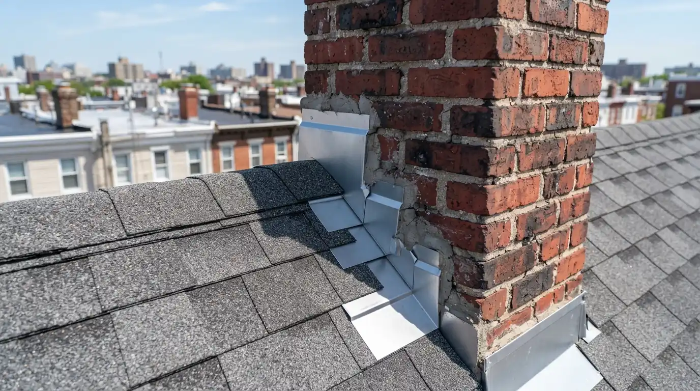 New step flashing woven into shingles along a brick chimney