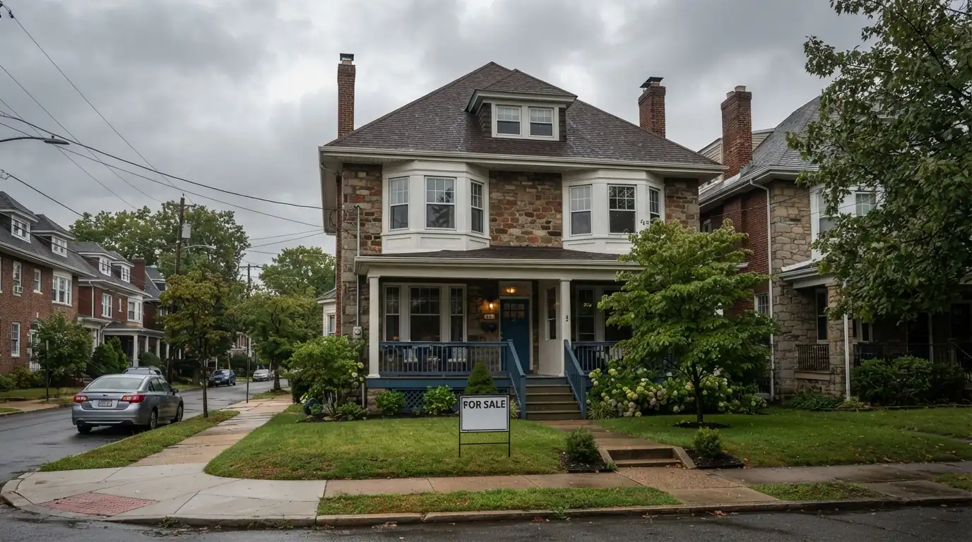 Philadelphia twin home for sale with its roof visible