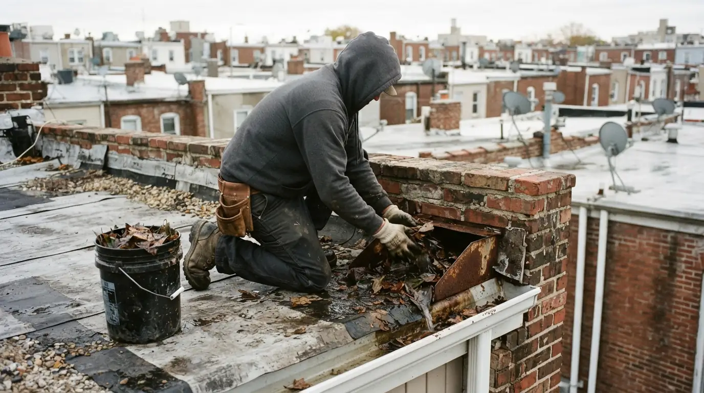 Roofer clearing leaves from a rowhome scupper