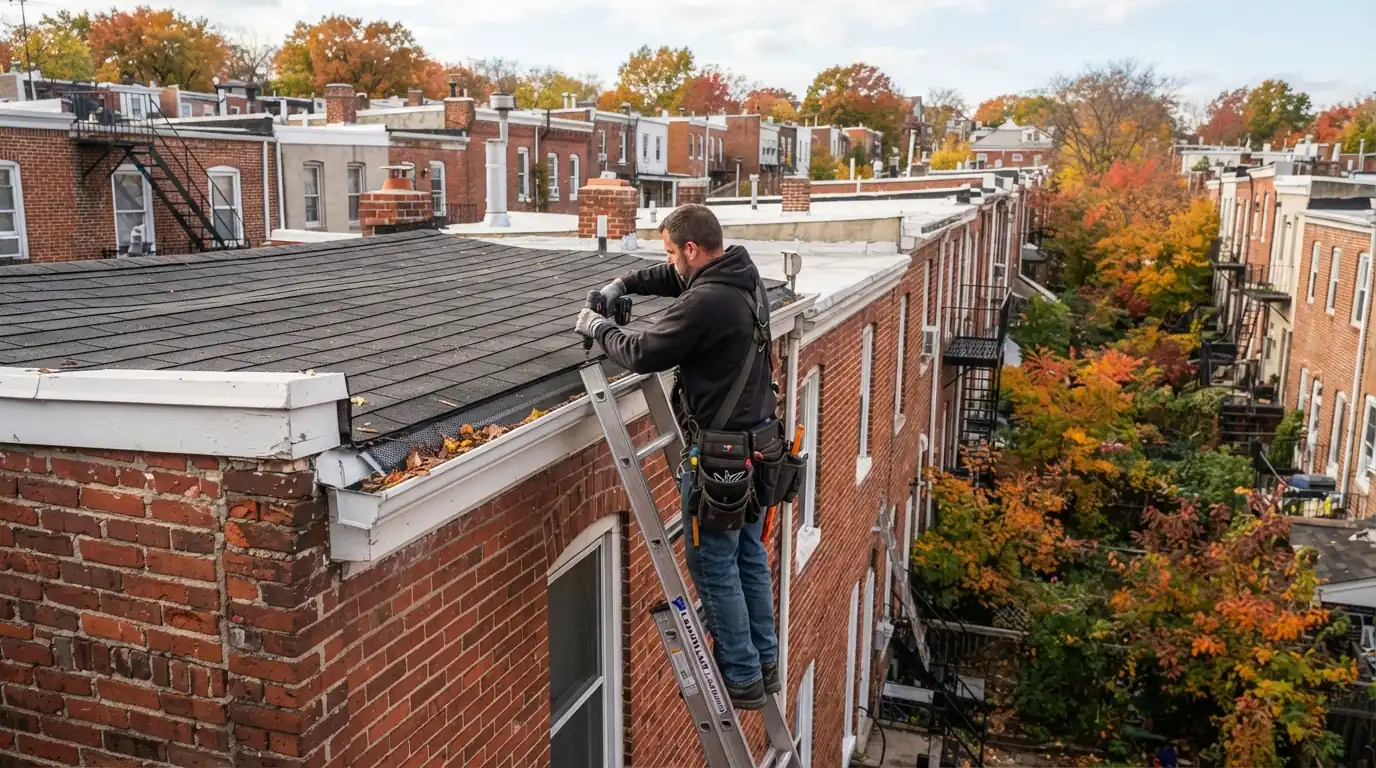 Installer fitting gutter guards on a rowhome rear gutter
