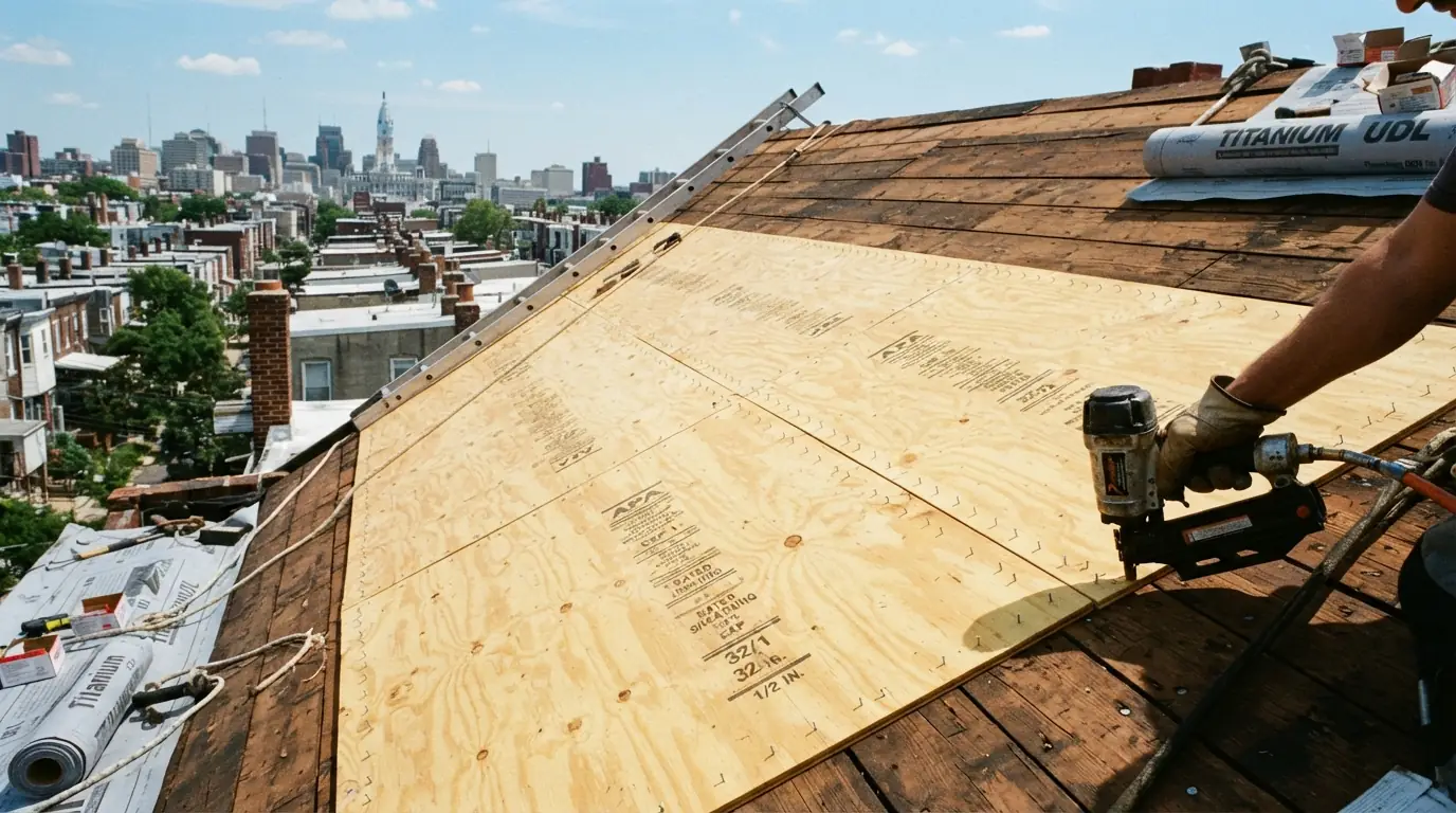 New plywood sheathing fastened over old plank decking