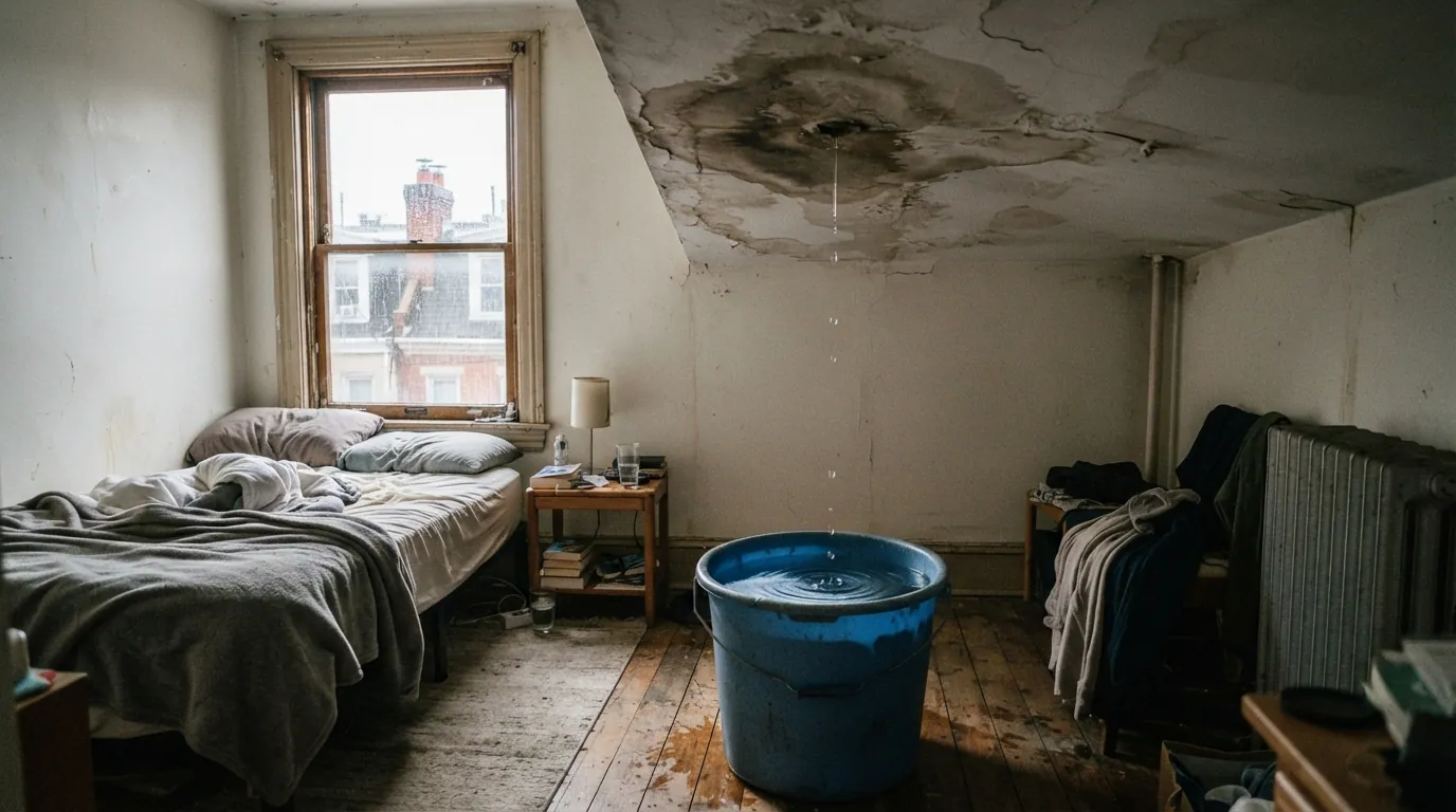 Bucket catching a drip under a stained rowhome ceiling