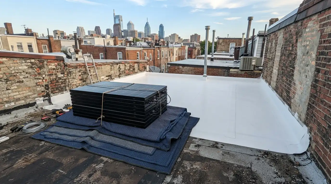 Removed solar panels stacked beside a new roof membrane