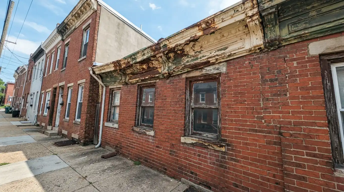 Sagging rusted metal cornice on a rowhome front