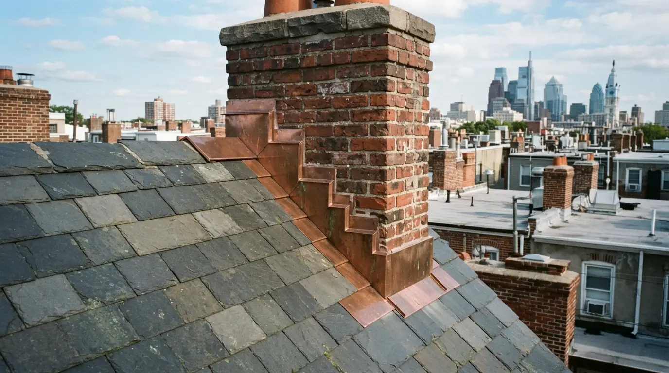 Copper step flashing on a slate roof chimney in Philadelphia