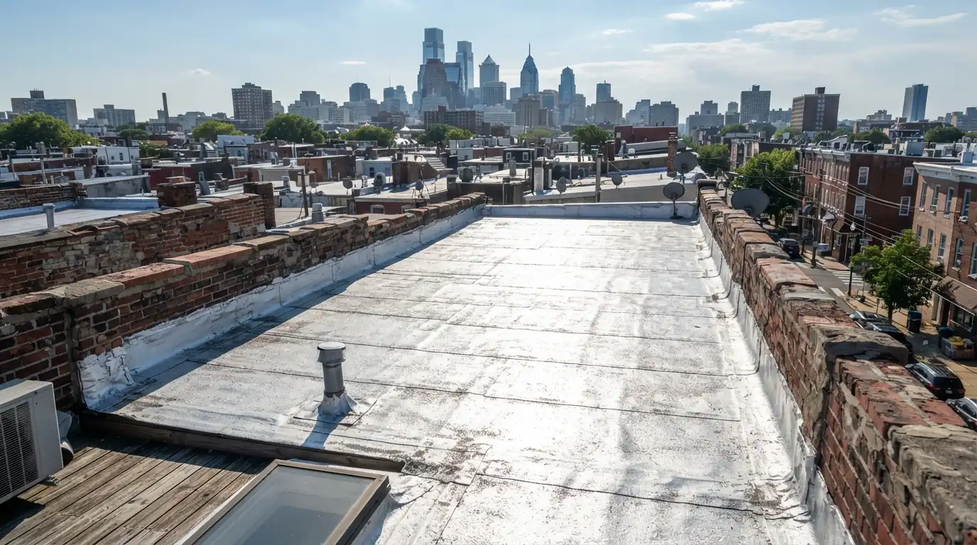 Aluminum coated modified bitumen flat roof on a Philadelphia rowhome