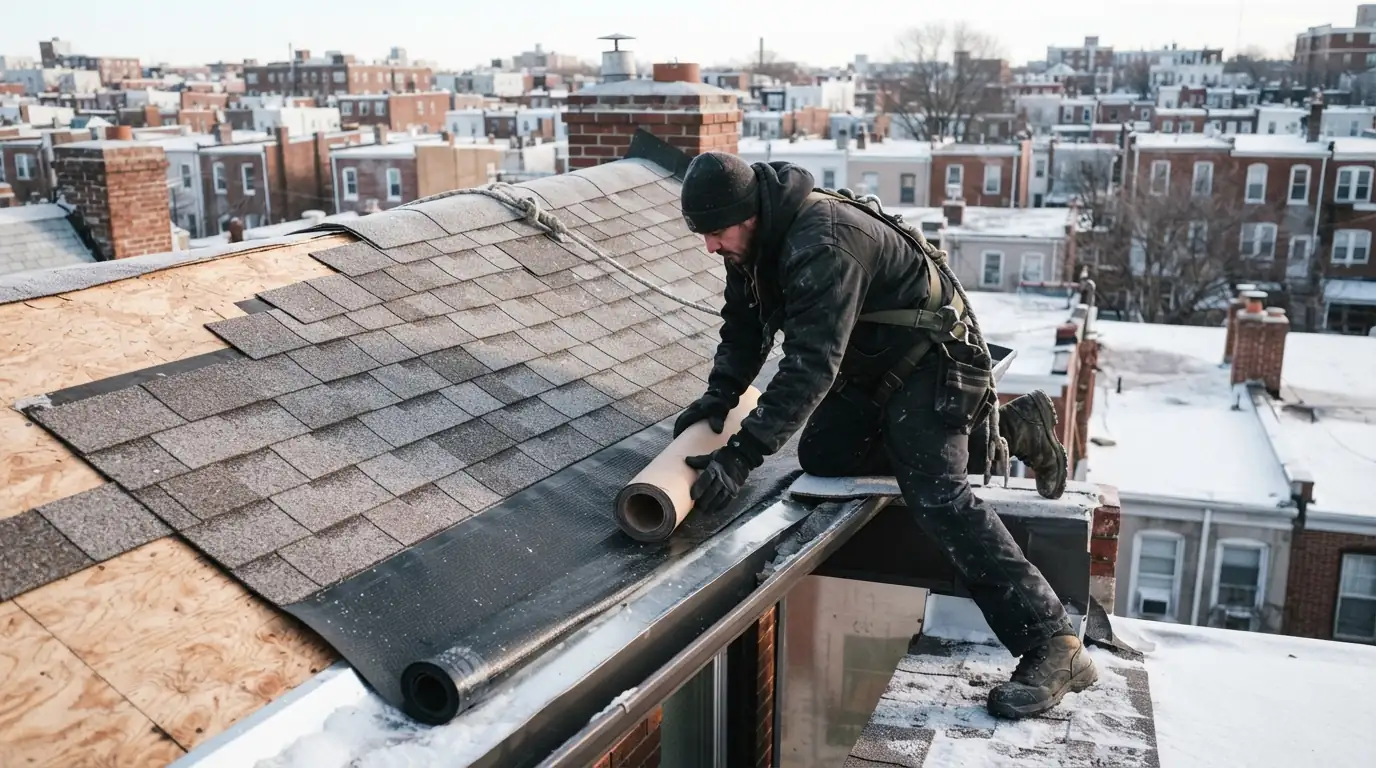 Roofer installing ice and water barrier at a roof eave