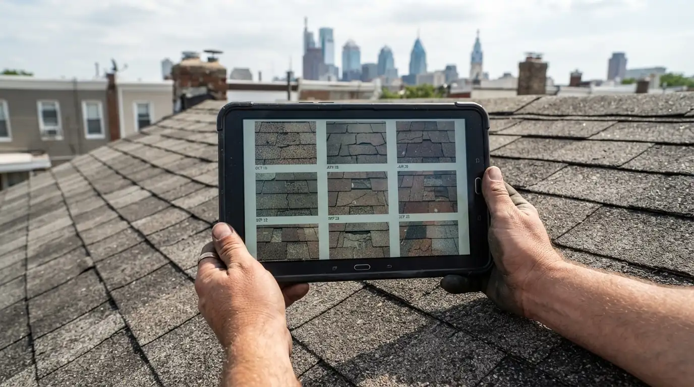 Tablet showing dated roof damage photos above a shingle roof