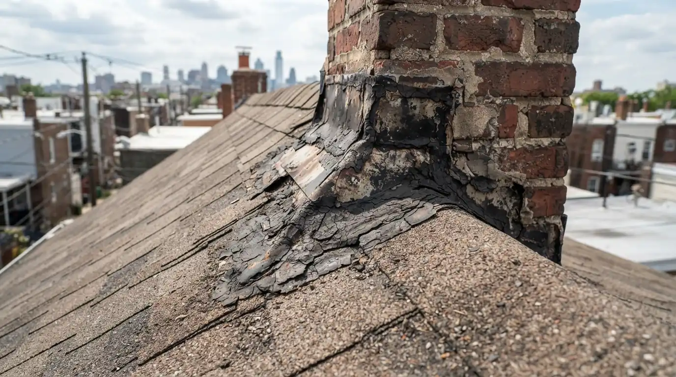 Cracked step flashing and old tar against a brick wall on a shingle roof