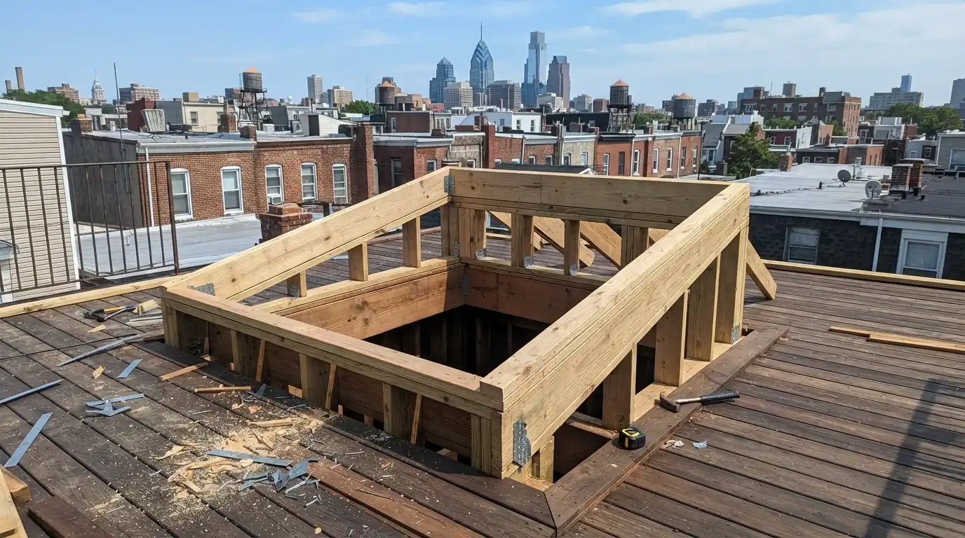 Framed roof opening between doubled rafters for a new skylight