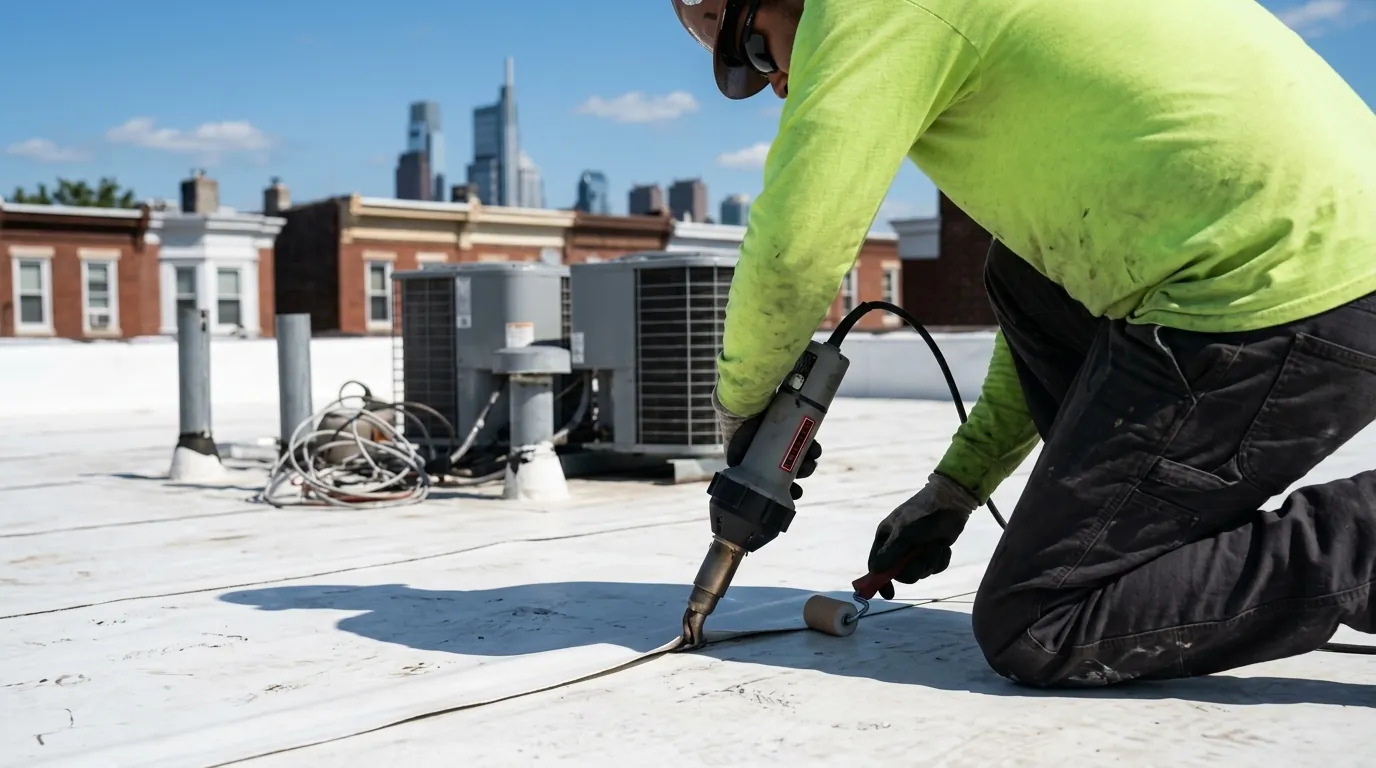 Hot-air welding a PVC membrane seam on a flat roof
