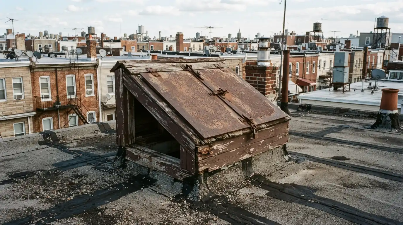 Old wooden roof hatch with tar patches on a rowhome roof