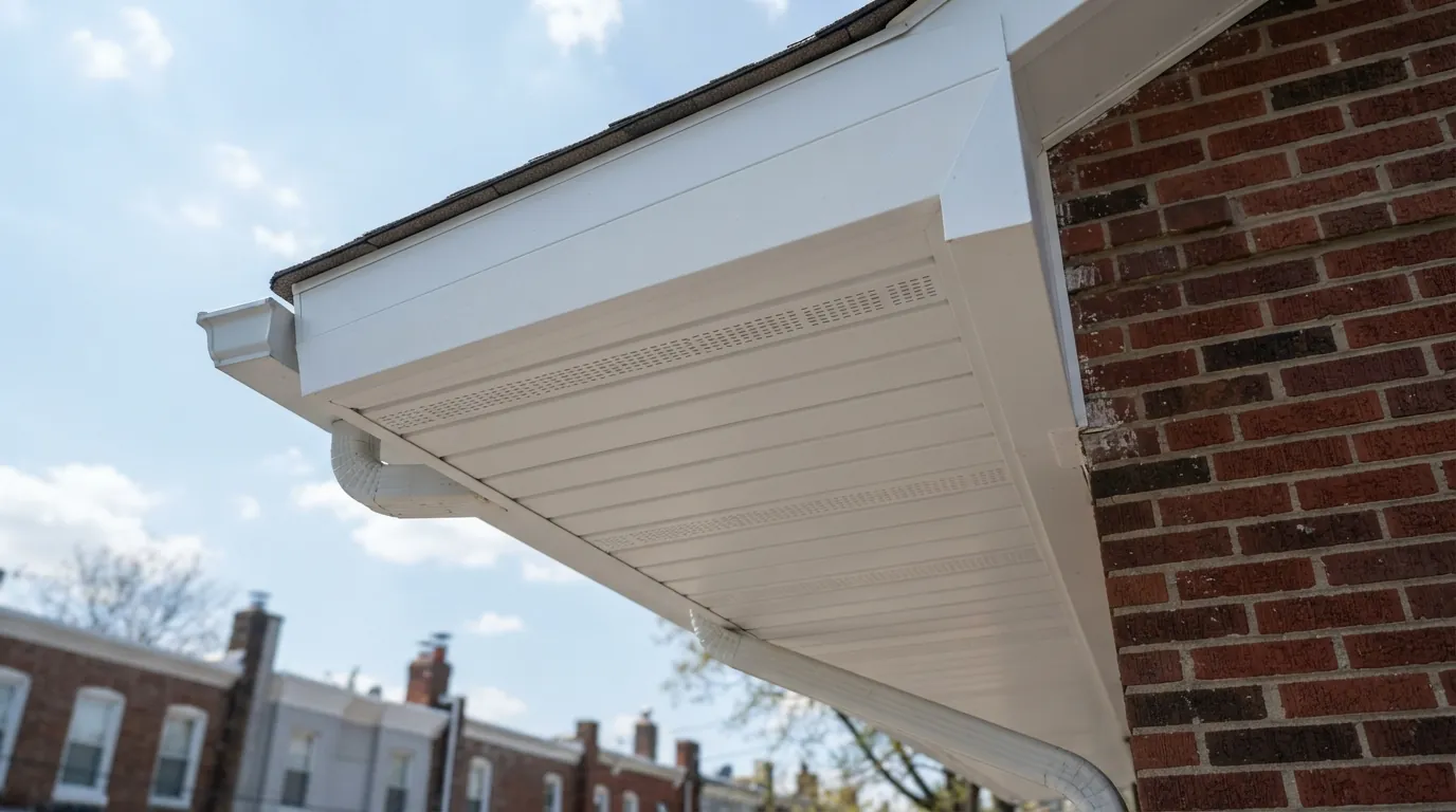 New vented aluminum soffit panels under a roof overhang