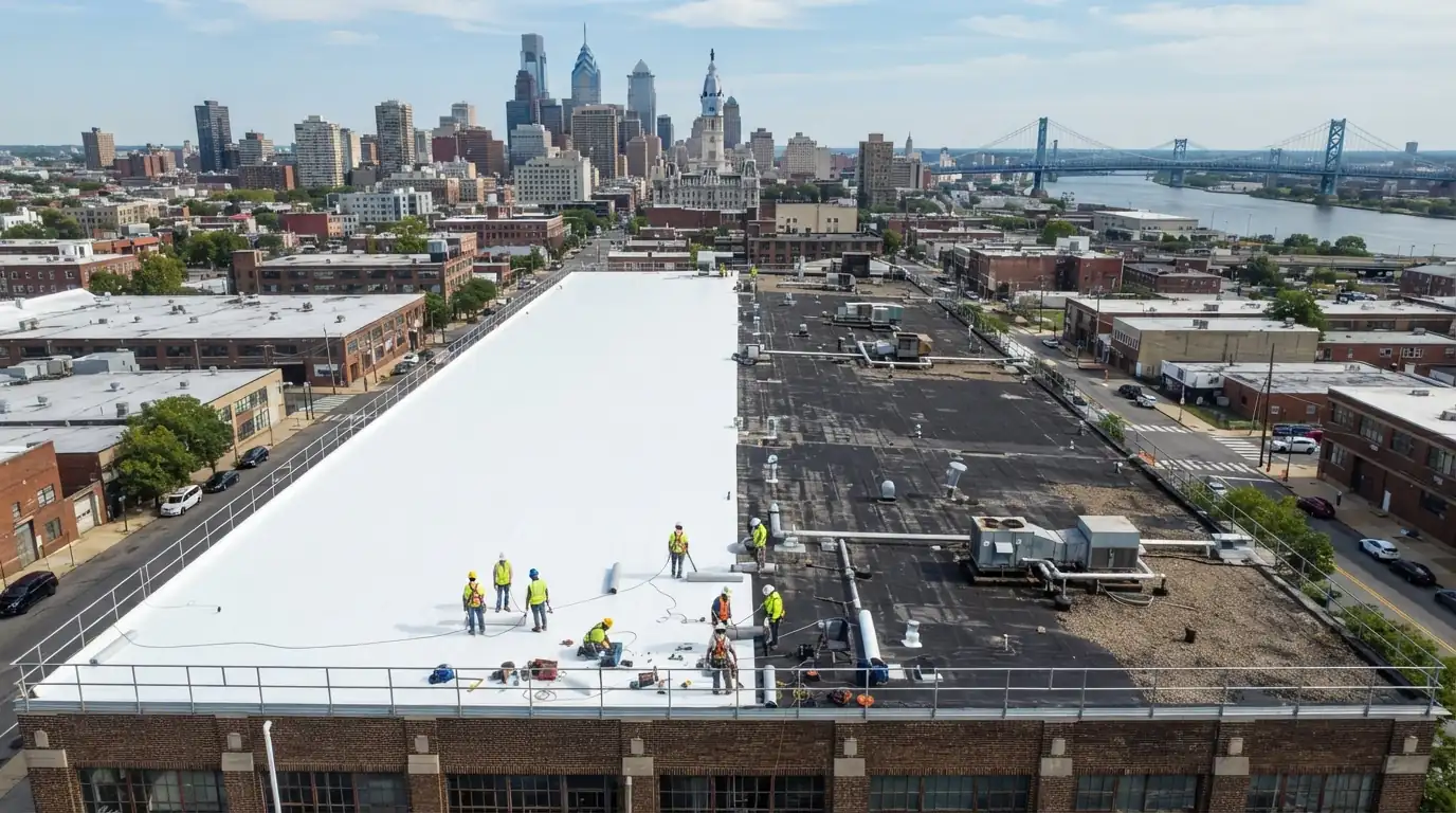 Warehouse roof mid-replacement with new white TPO beside the old roof