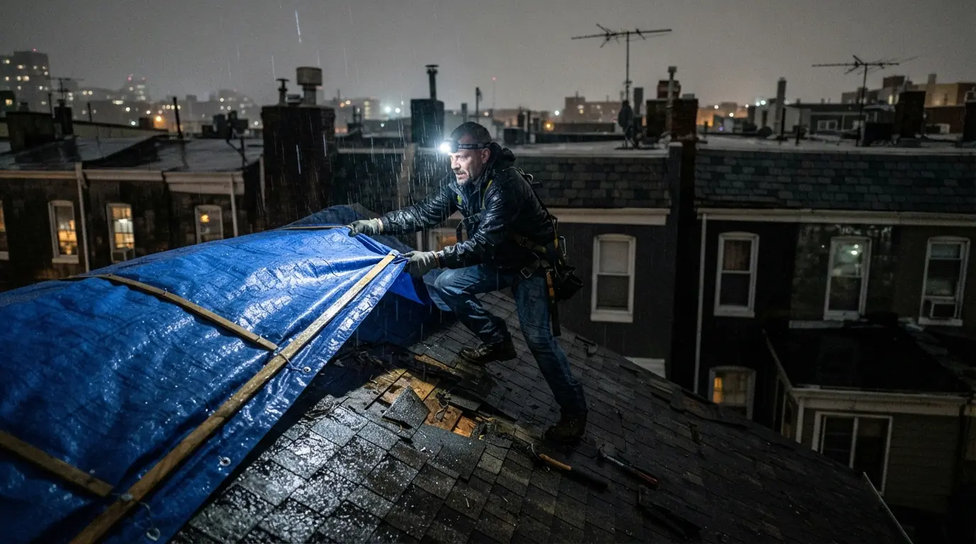 Roofer installing an emergency tarp on a damaged roof at night