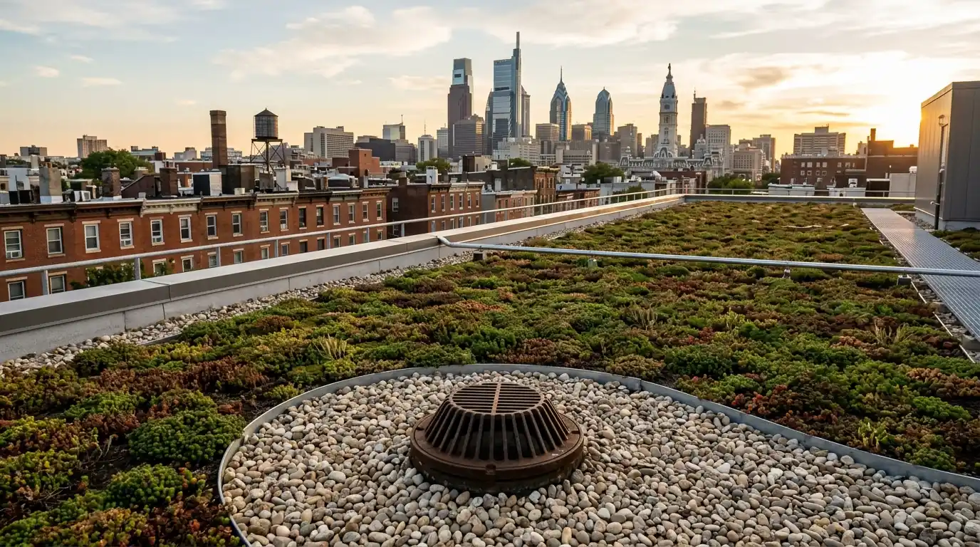 Sedum green roof with a gravel border on a Philadelphia building