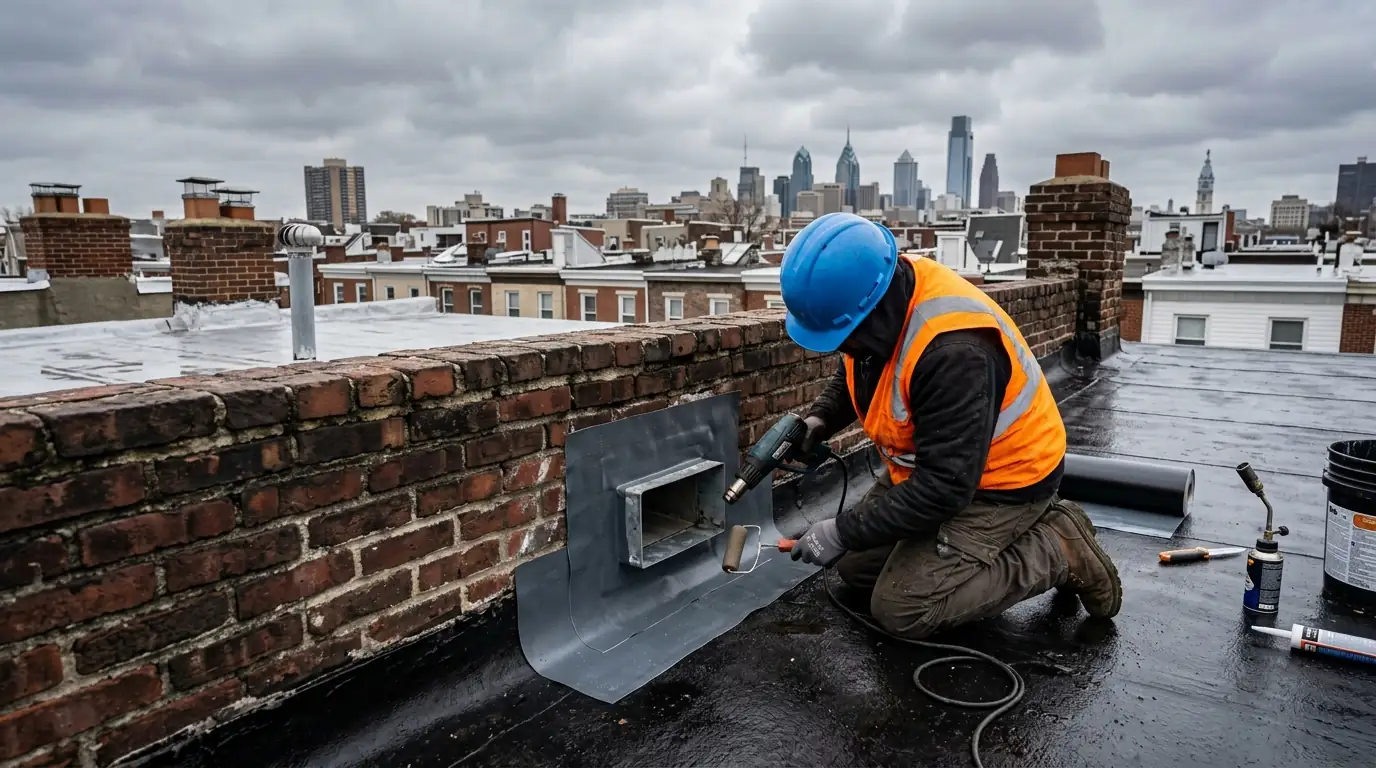 Scupper being re-flashed through a rowhome parapet