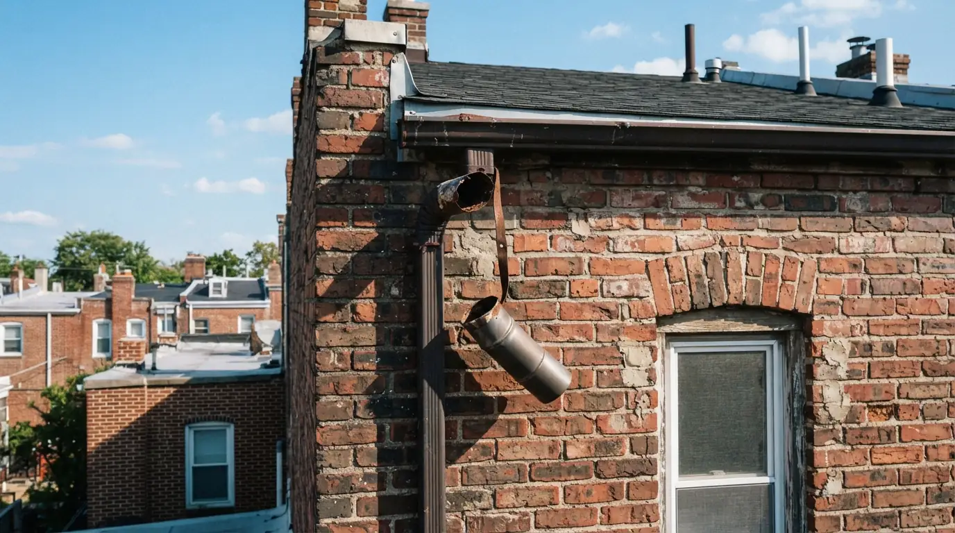 Disconnected downspout elbow hanging from a brick wall