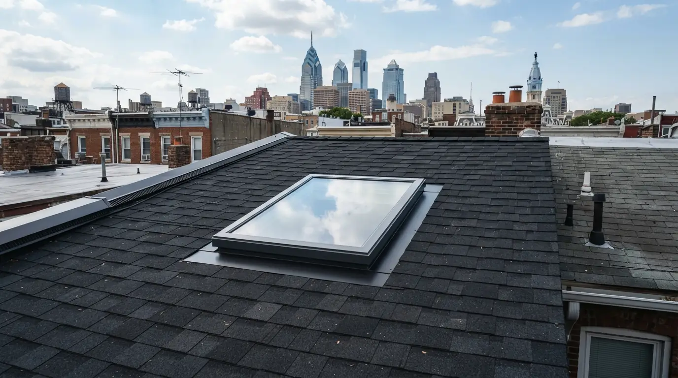 New deck-mount skylight on an architectural shingle roof in Philadelphia