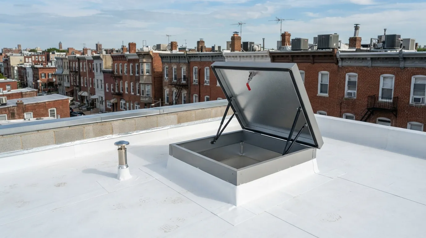 New insulated roof hatch flashed into a white membrane roof