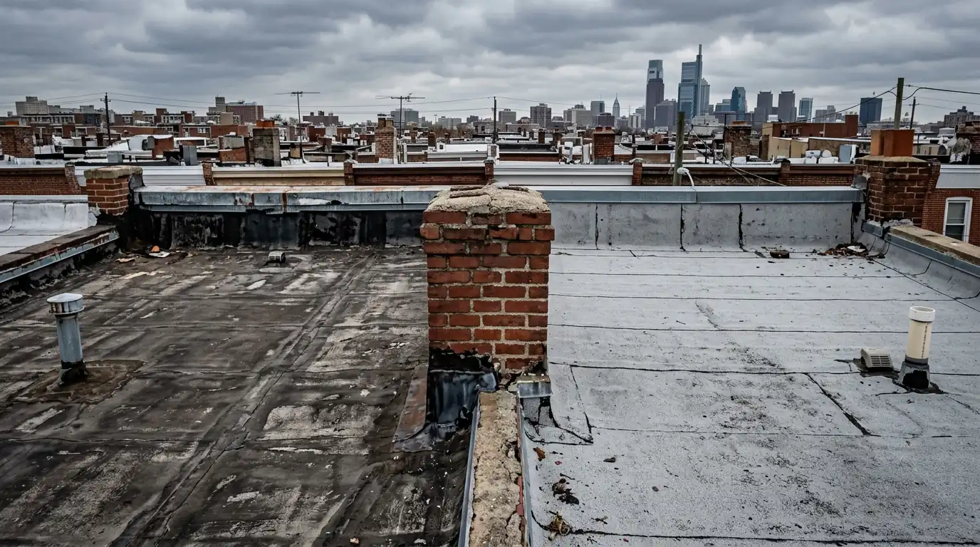 Two rowhome flat roofs meeting over a party wall parapet
