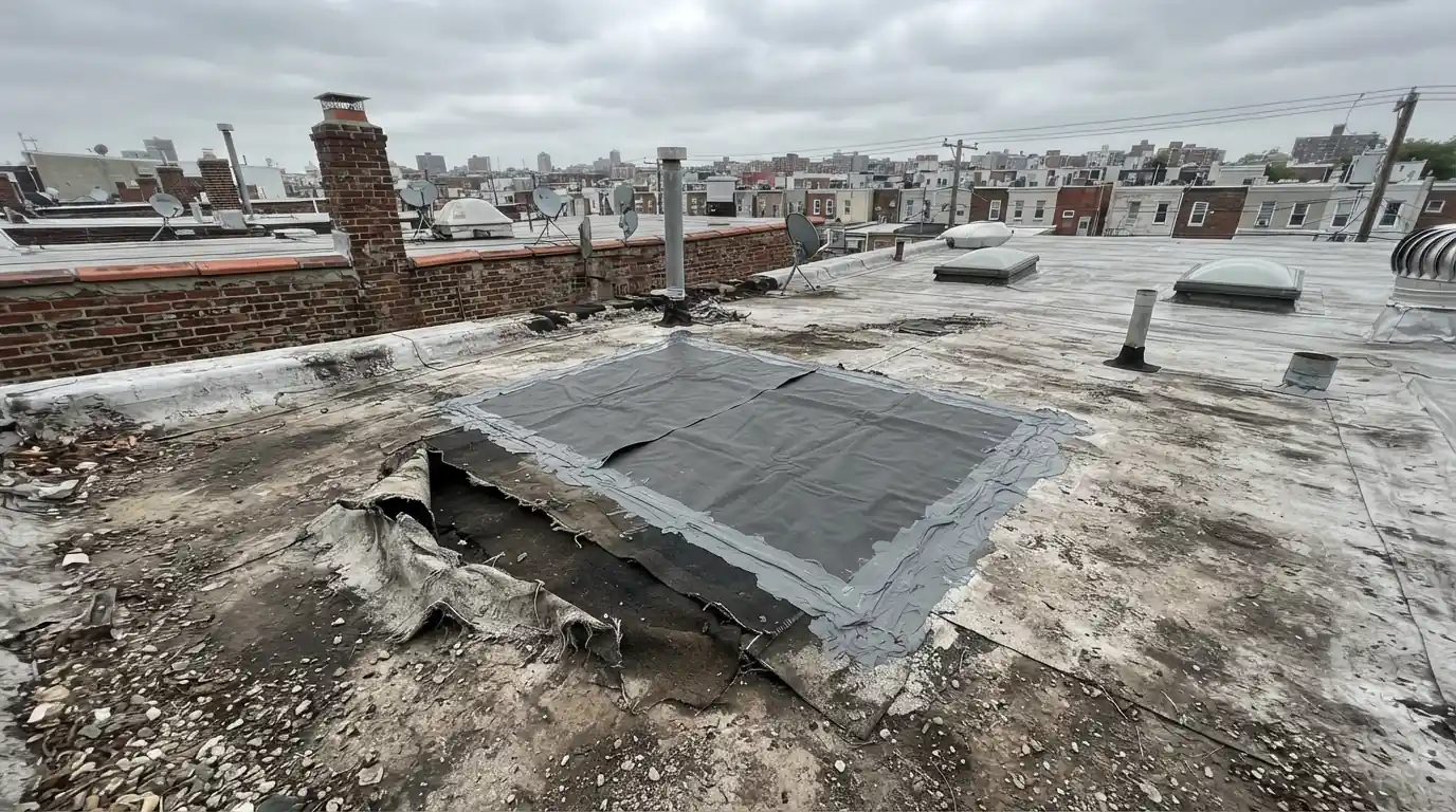 Temporary membrane patch over a torn flat roof section