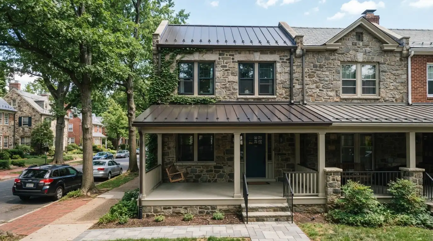 Standing seam metal porch roof on a Philadelphia stone twin