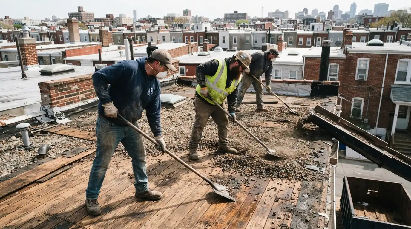 Crew tearing layered built-up roofing down to the deck on a rowhome