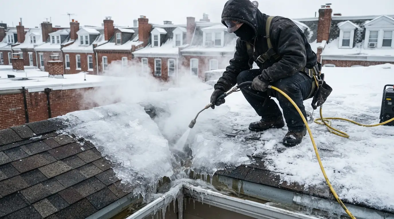 Steamer cutting channels through an ice dam