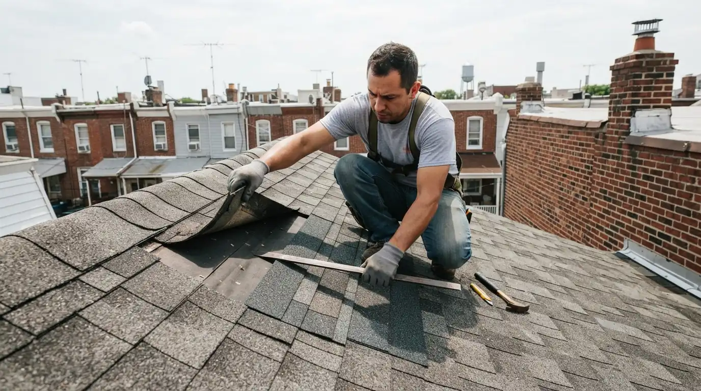 Roofer weaving a replacement architectural shingle into an existing course
