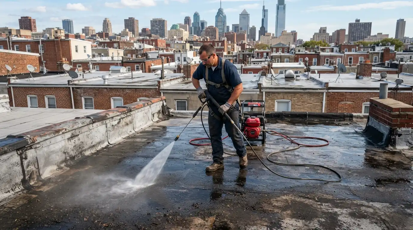 Roofer power washing a flat roof before coating