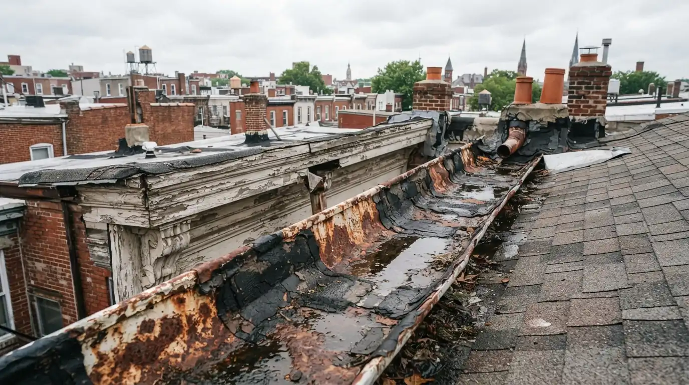 Rusted tin lining in a built-in box gutter behind a cornice