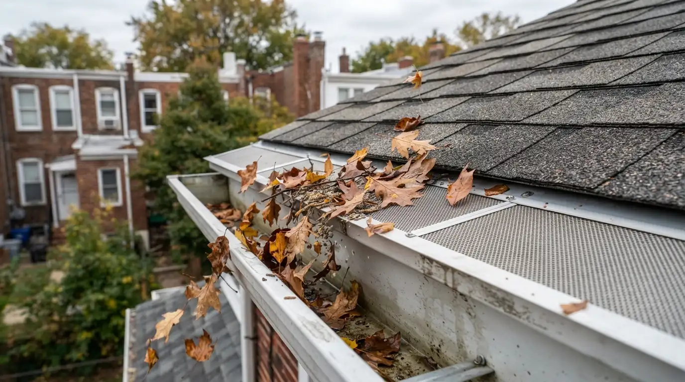 Micro-mesh gutter guard shedding leaves on a gutter