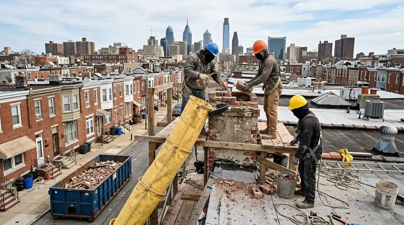 Old brick chimney being taken down by hand on a rowhome roof