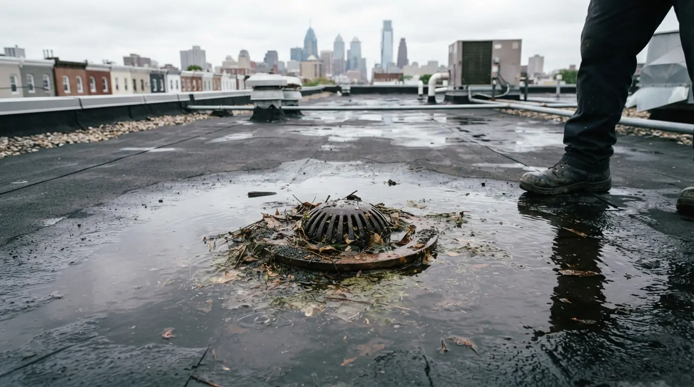 Clogged commercial roof drain surrounded by standing water