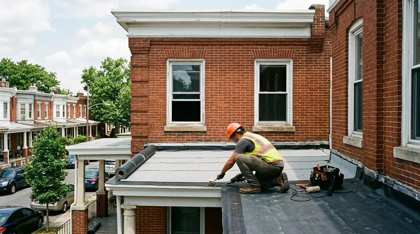 New membrane being installed on a twin house porch roof