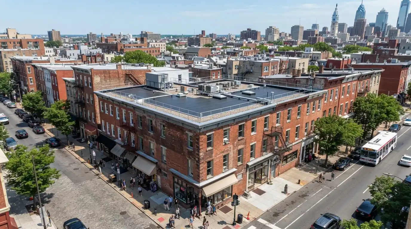 Mixed-use brick building with a new flat roof