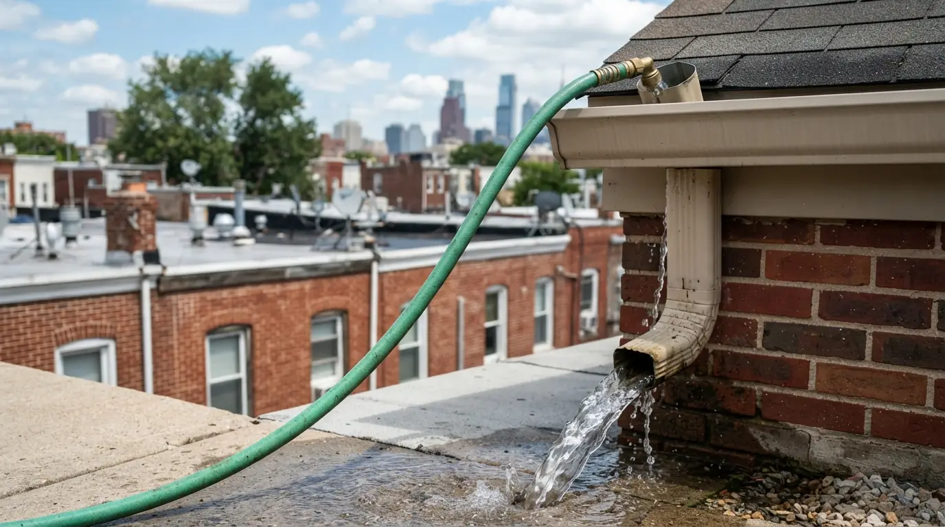 Downspout being flushed with a hose to confirm it drains