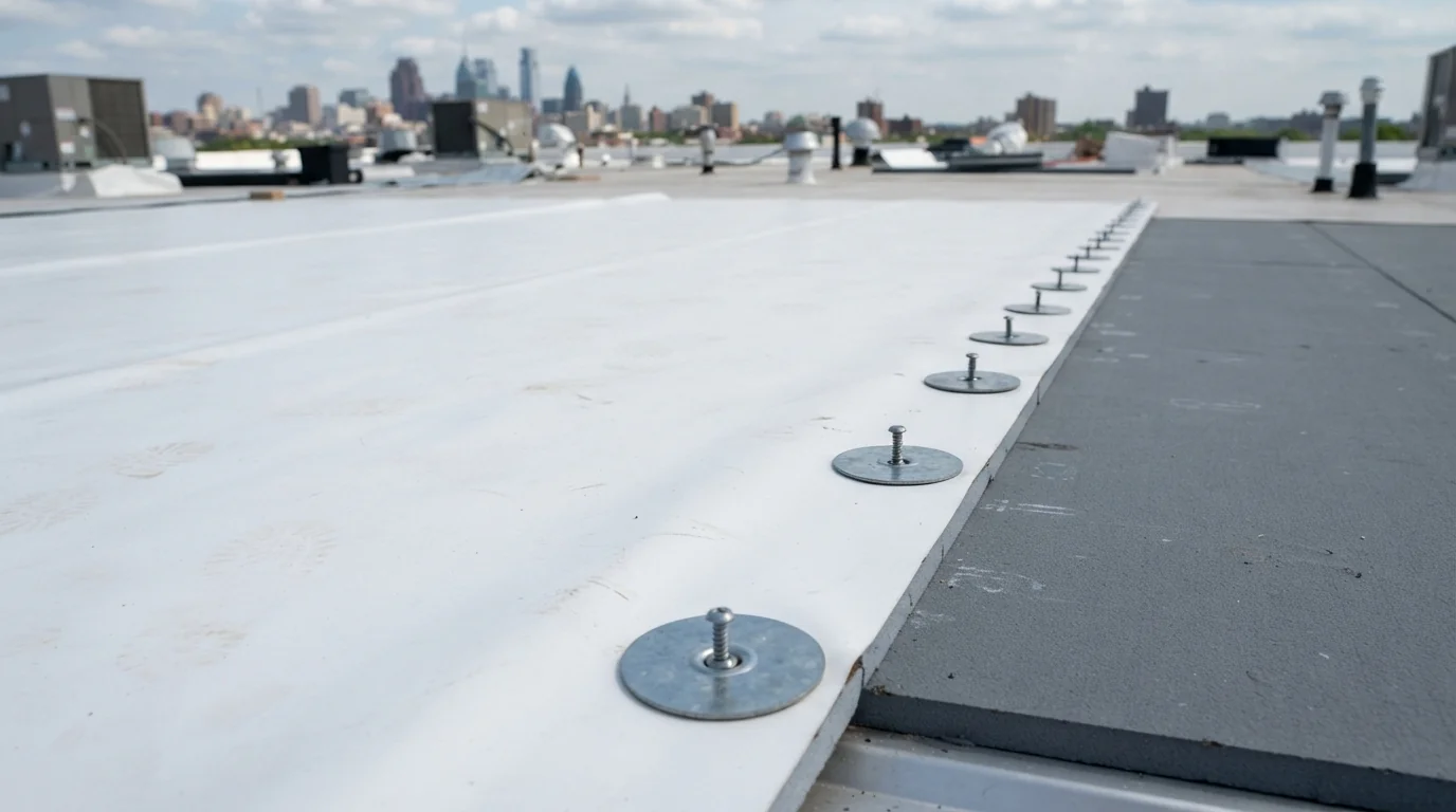 Plates and screws fastening a TPO sheet to the roof deck