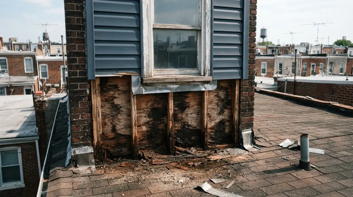 Water-damaged sheathing under a window behind removed siding