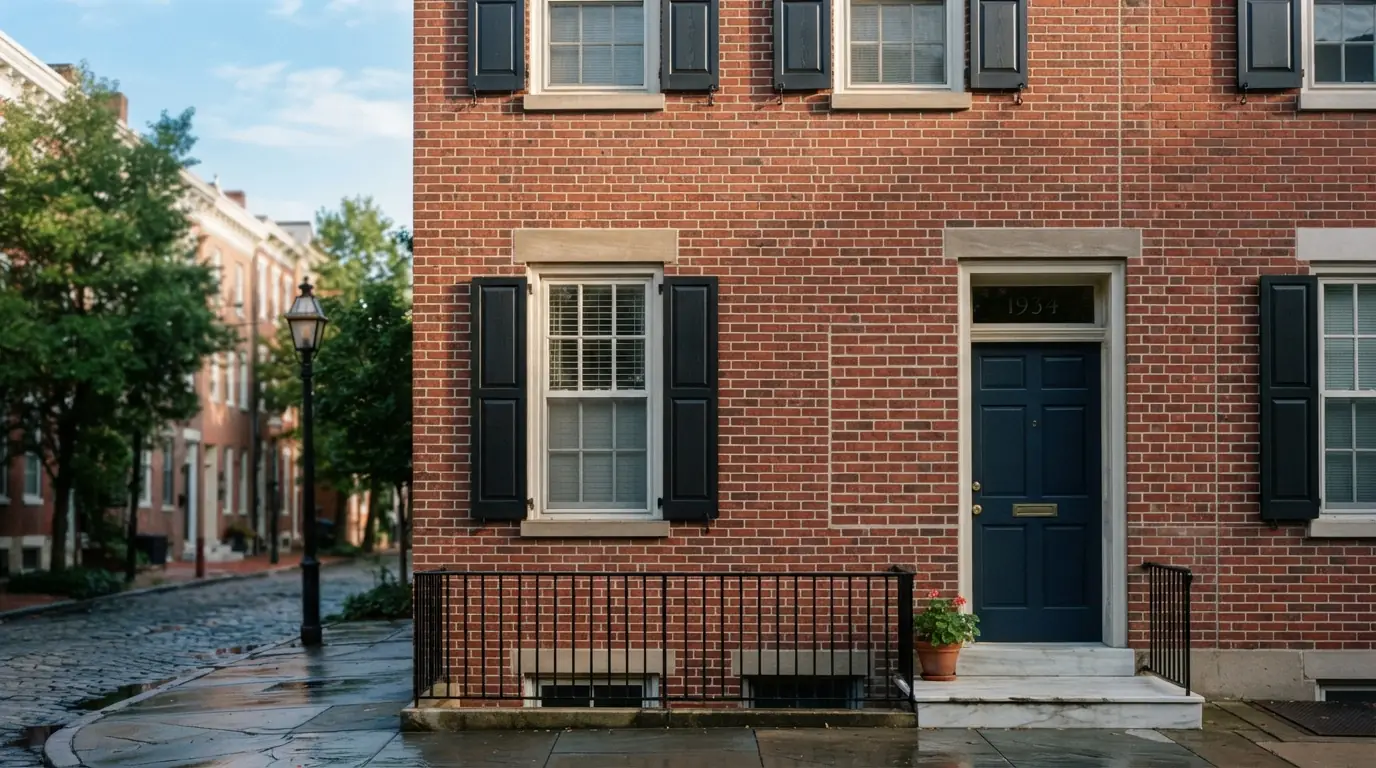Freshly repointed brick rowhome front in Philadelphia