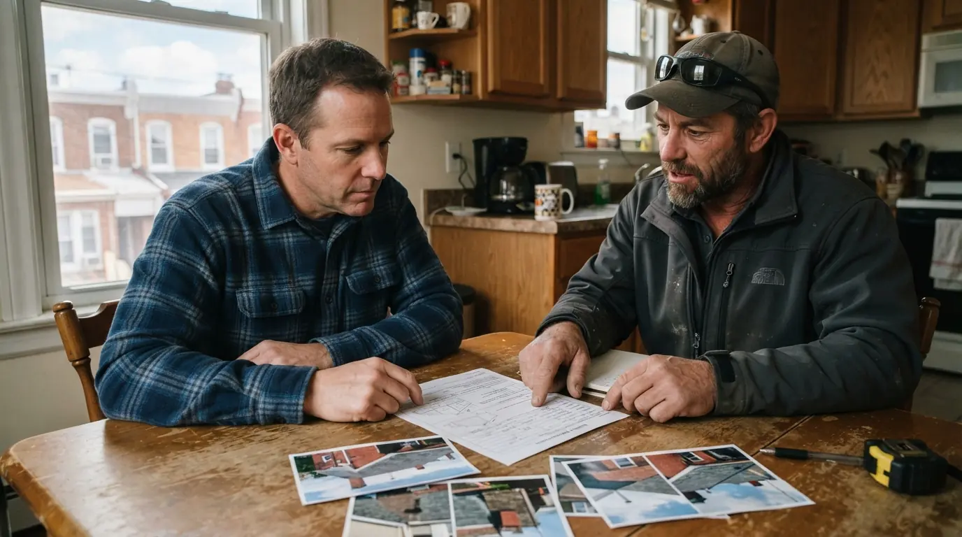 Homeowner and roofer reviewing a permit application
