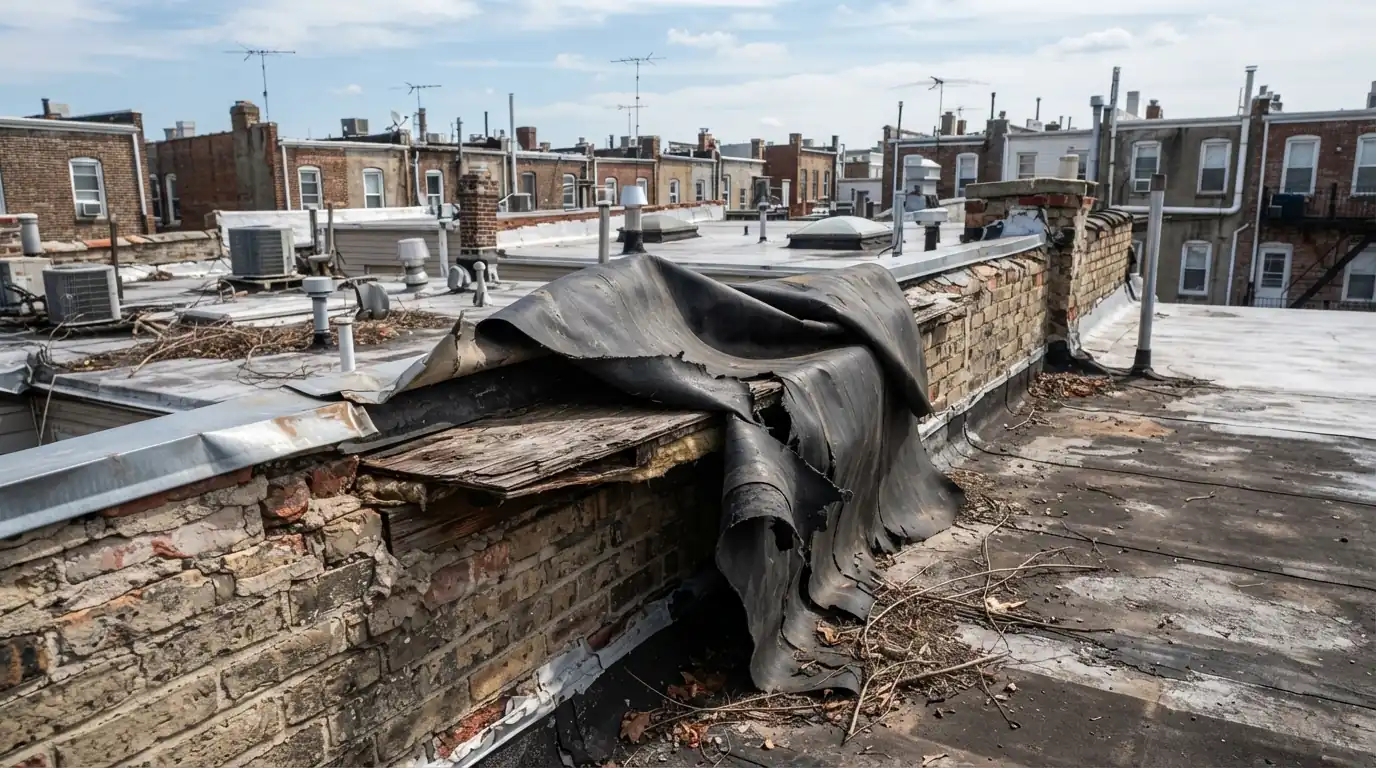 Flat roof membrane peeled back at the edge after high winds