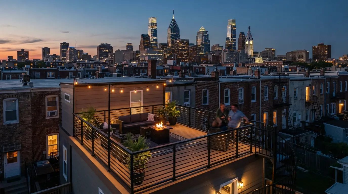 Finished composite roof deck on a rowhome rear addition