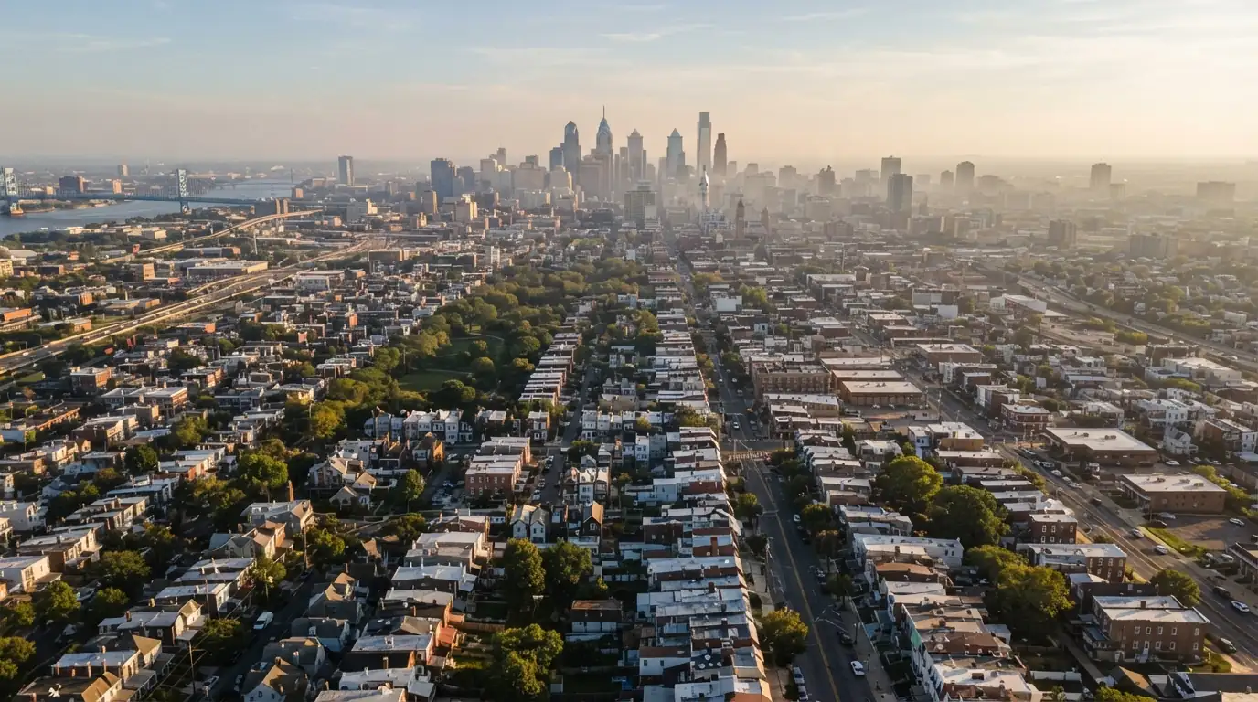 Northeast Philadelphia rooftops with the Center City skyline in the distance